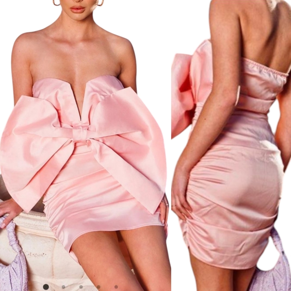 PrettyLittleThing Statement Bow Pink‎ Strapless Bodycon Dress NWOT